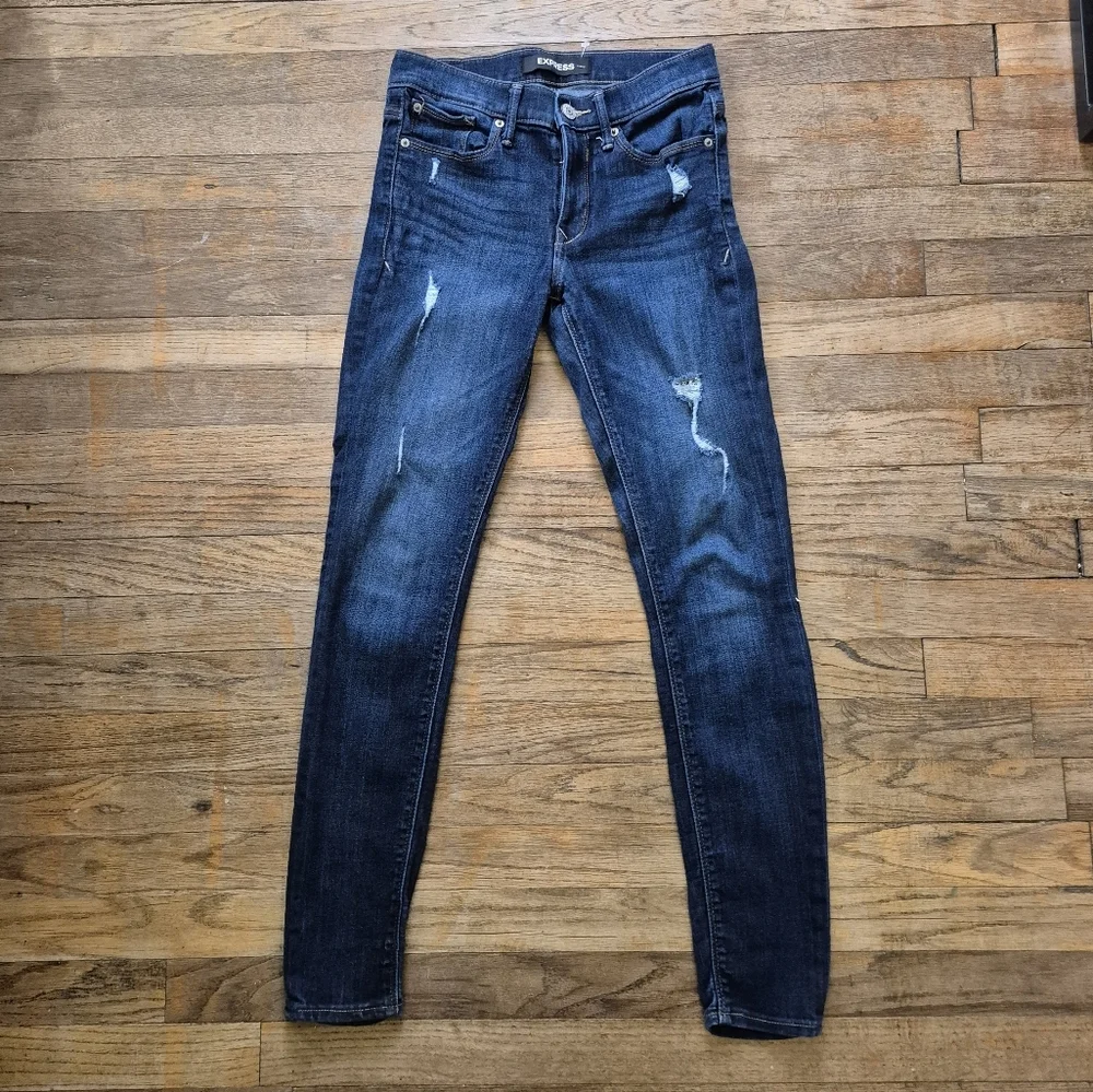 Express Women's Mid-Rise Stretch Blue Distressed Legging Jeans - 0R